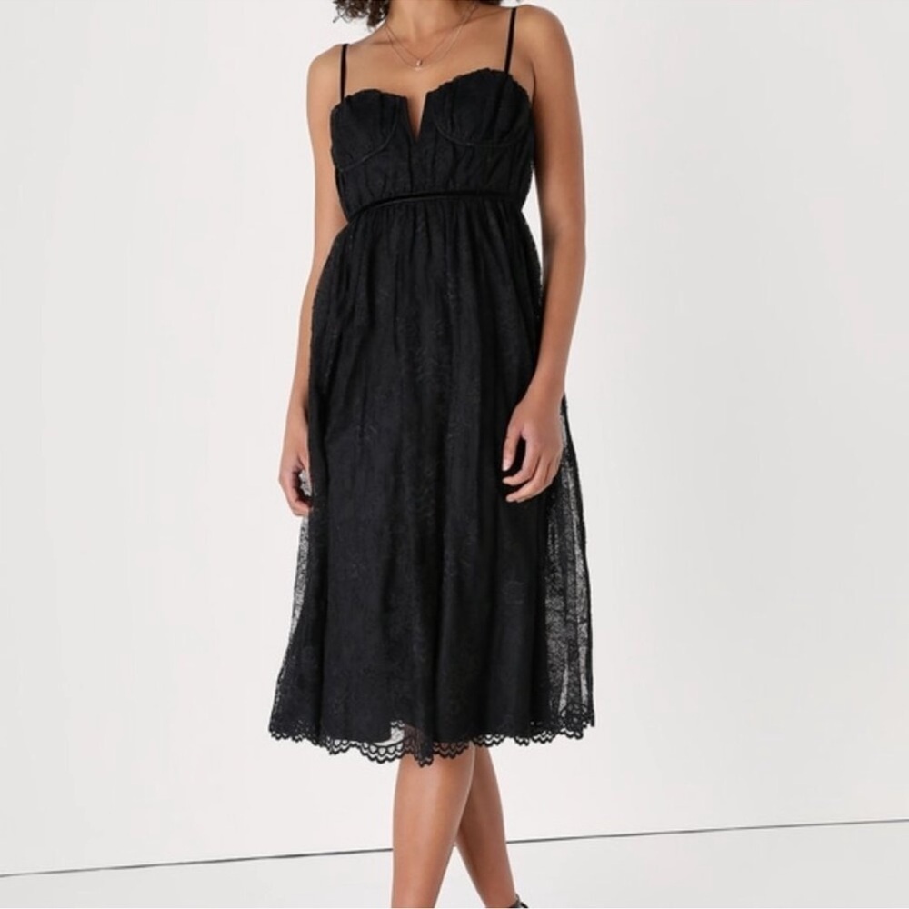 Lulus Dreamy Entrance Black Lace Bustier Midi Dress XS Cocktail Wedding‎ Guest